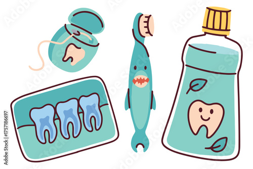 A set combining daily oral hygiene tools with a dental diagnostic element. A toothbrush, floss, and mouthwash are paired with a tooth x-ray, representing the concept of complete professional dental