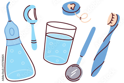 A blue-themed set of essential tools for a thorough daily oral hygiene routine. The kit includes an oral irrigator, toothbrush, floss, dental mirror, and a glass of water for professional-level clean
