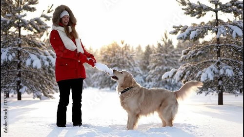 A happy woman playing with her golden retriever dog in the snow. A pet owner and her canine companion having fun in a sunny winter forest. Human and animal friendship concept