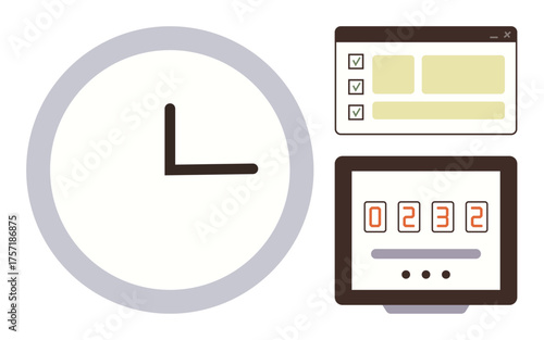 Analog clock, checklist interface, and digital counter focusing on task tracking, scheduling, and deadline management. Ideal for productivity, planning, accountability, organization workplace