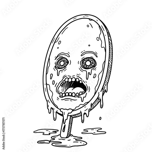 Melting cartoon ice cream with frightened face expressing horror, Halloween  