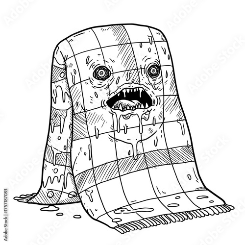 Cartoon monster covered with a plaid blanket with a surprised face  