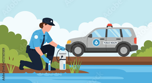 Environmental Protection Officer Conducting Water Quality Testing Near Lakeside