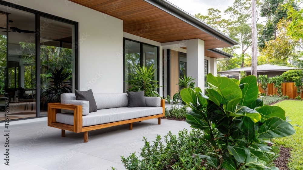 Fototapeta premium Stylish Courtyard Garden with Outdoor Seating and Lush Greenery Providing a Tranquil Sanctuary for Relaxation and Rejuvenation in a Modern Residential Setting