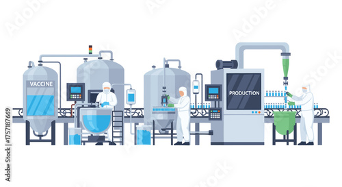 Automated Beverage Production Line with Workers in Protective Gear and Large Industrial Tanks