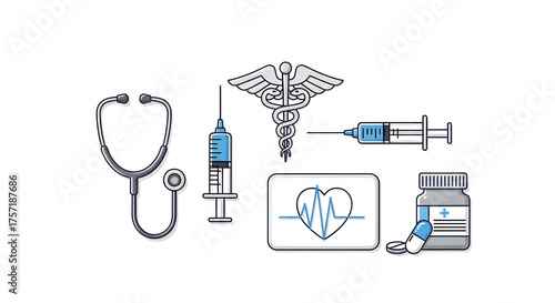 Medical icons featuring a stethoscope, syringes, caduceus, heart monitor, and pill bottle with pills, all outlined in black and blue.