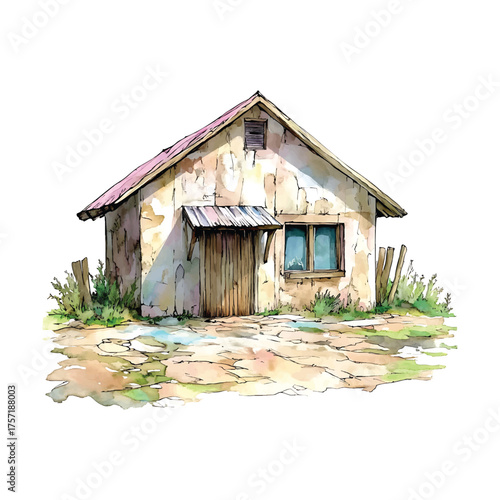 Watercolor Rustic Barn with Wooden Door and Window on White watercolor illutrastion transparent background