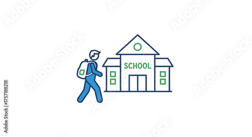 A student with a backpack walks towards a school building.