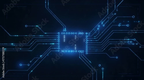 Close-up of a glowing blue circuit board with sparkling light effects on a dark background motherboard.
