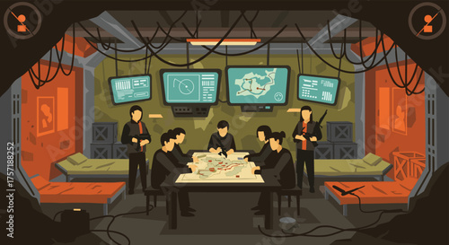 Strategic Military Planning Session in a Classified Underground Bunker Environment
