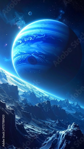 Cosmic artwork shows a colossal blue planet above a frosty landscape