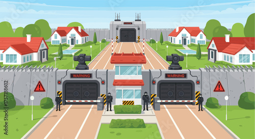 Pixelated Secure Facility Entrance with Guard Houses and Residential Buildings