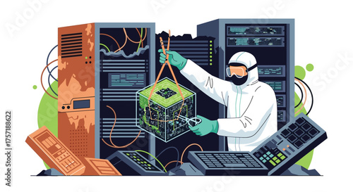 Data Center Technician Handles Mysterious Cube With Glowing Core Surrounded by Servers and Cables