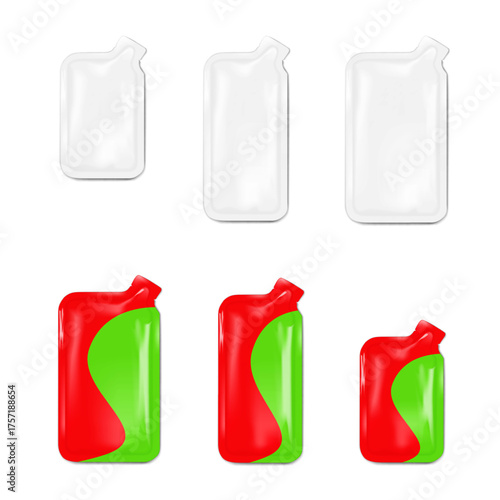 Tear notch bottle-shaped sachet package. Realistic 3d vector mockup, size set. White and color design. Easy editable. Flat plastic bag with spout. Mock-up. Single serve, product sample pouch. Template