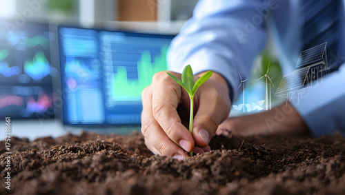 A businessman's hand planting a young green sprout in soil, symbolizing sustainable investment and financial growth with stock market data in the background