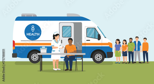 Mobile Health Clinic Offers Vaccination Services to Community Members Queueing Patiently for Care