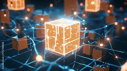 Abstract Data Network with Glowing Orange Cubes and Interconnected Nodes