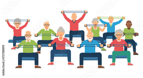 Senior Fitness Group Engaged in Resistance Band Exercises Together