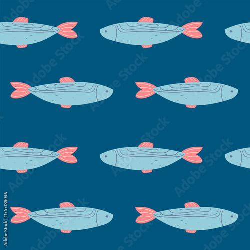 Seamless pattern on a dark background with cute hand-drawn sardines