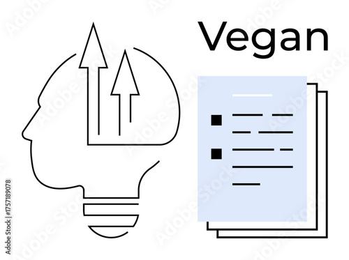 Head silhouette with upward arrows symbolizing growth alongside a vegan-themed checklist paper. Ideal for sustainability, healthy choices, plant-based living, decision-making, self-improvement