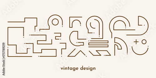 Vector illustration. Bundle of linear flat design elements for poster, book cover, frame, gift card, magazine. Simple minimalist line art wavy objects. Polygonal lines with dot. Retro vintage style