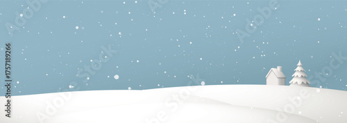 Minimalist countryside landscape at night with cottage and pine tree covered by snow graphic illustration have blank space.