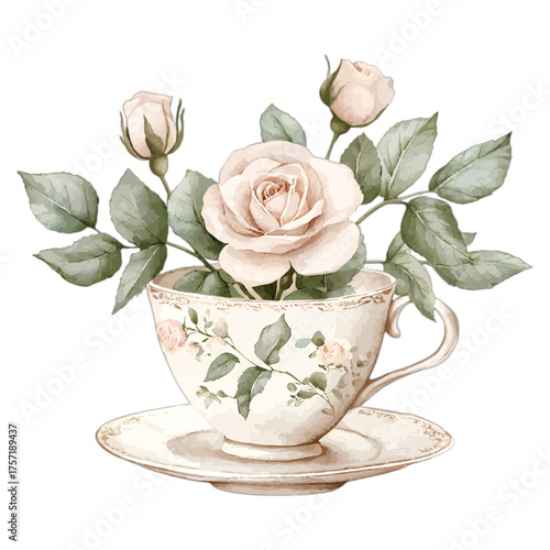 Elegant Teacup with Roses: Watercolor Floral Tea Time Clipart
