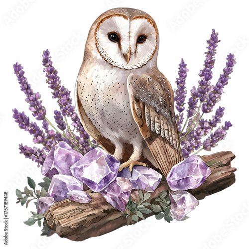 Barn Owl with Lavender and Amethyst Crystals Clipart