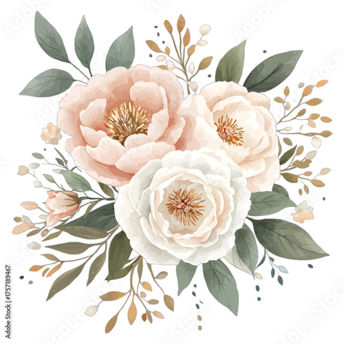 Elegant Watercolor Floral Bouquet Clipart: Blush Peonies and Greenery
