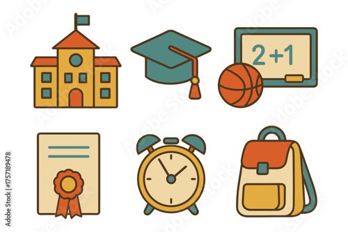 School life and classroom essentials , campus, graduation cap, chalkboard, diploma, alarm, backpack