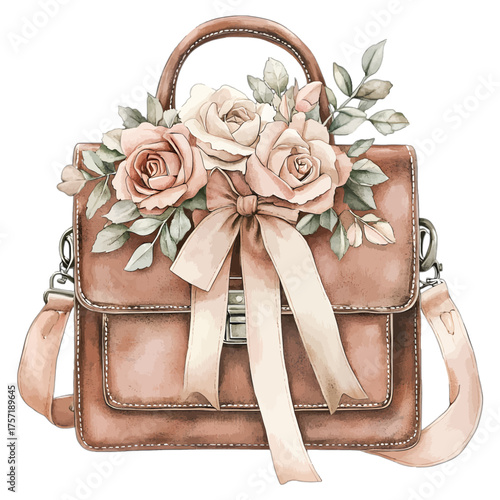 Elegant Watercolor Purse with Floral Rose Bouquet and Bow Clipart
