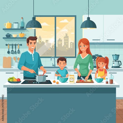 Family preparing food in kitchen