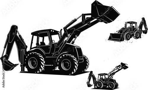 Backhoe loader silhouette, heavy construction equipment, industrial machinery, excavation vehicle, digging arm, loader bucke