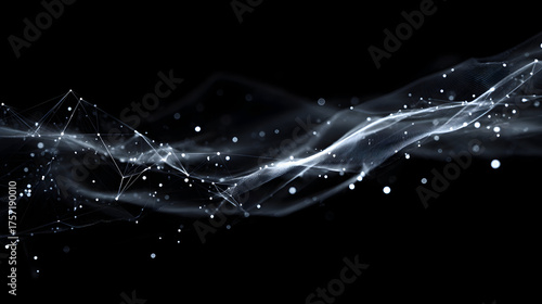 Black, White Abstract Network flows with connected Nodes. Use as technology backdrop, presentation template, digital wallpaper.
