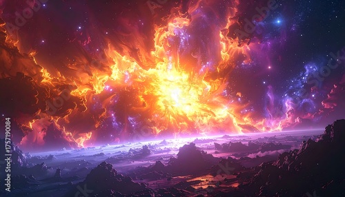 Cosmic eruption dominates a celestial canvas, blending color and light