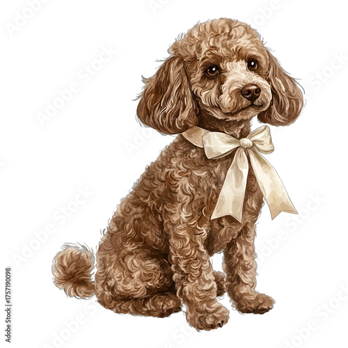Cute Watercolor Toy Poodle Clipart: Brown Dog with Bow Illustration
