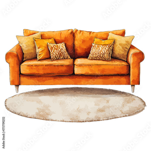 Cozy Watercolor Orange Sofa with Rug: Living Room Interior Clipart
