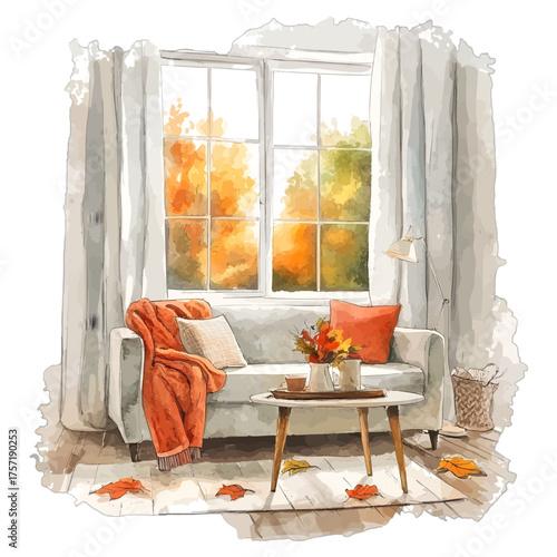 Cozy Watercolor Autumn Living Room with Fall Leaves Clipart
