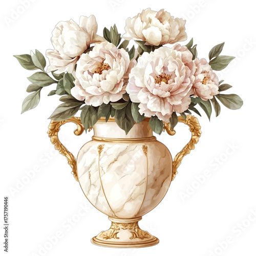 Elegant Watercolor Peony Bouquet in a Vintage Marble Vase
