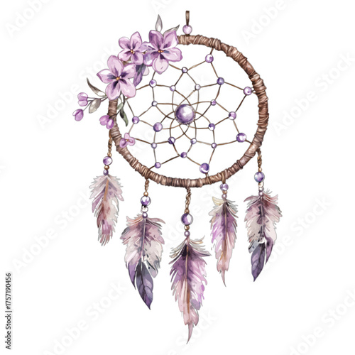 Elegant Watercolor Dream Catcher with Purple Flowers and Feathers
