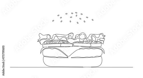Burger one line illustration, continuous line art, fast food concept for restaurant menus, food blogs and minimalist designs