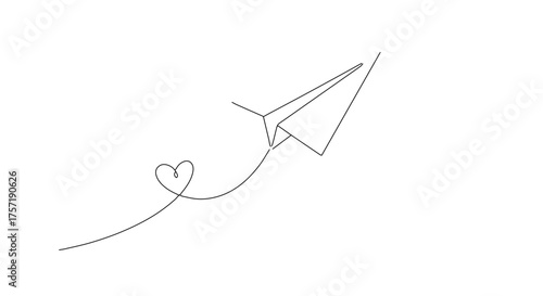 Paper airplane with heart trail on white background for positive messaging, motivational design, love notes, and encouragement cards