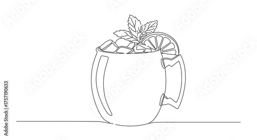 Moscow mule cocktail continuous line art with mint and lime for restaurant menus, bar websites, cocktail recipe blogs and social media content