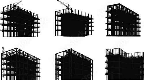 Building construction stages, silhouette illustration, structural progress, crane operation, workers on site, architecture development, engineering process, urban growth, framework evolution, roofing