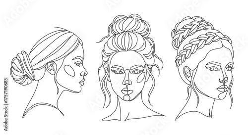 Three female profiles with buns for beauty branding, feminine art, beauty blogs, salon websites, and hair styling tutorials