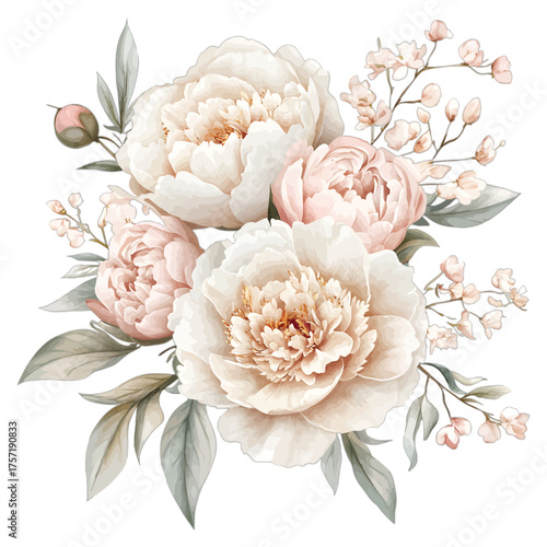 Elegant Watercolor Peony Bouquet Clipart: Blush Pink Floral Arrangement
