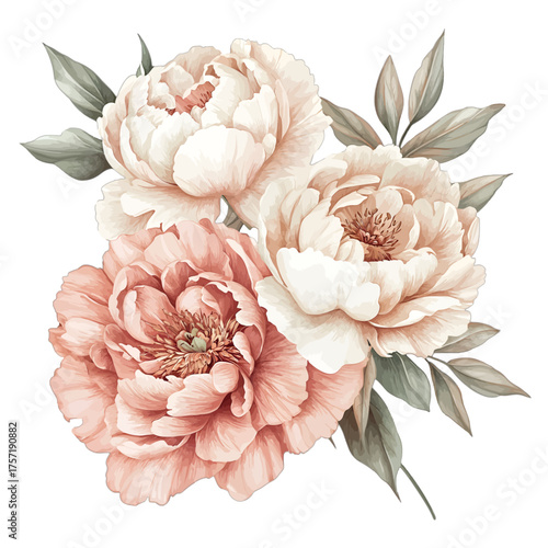Elegant Watercolor Peony Bouquet Clipart: Blush Pink Floral Arrangement
