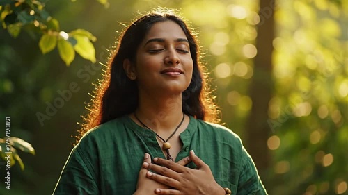A serene young Indian woman practicing mindfulness and gratitude with her eyes closed and hands on her heart in a beautiful, sunlit forest.