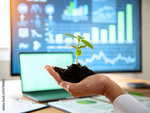 Hand holding a vibrant green seedling, symbolizing sustainable business growth, environmental investment, and technological innovation against a backdrop of digital financial charts