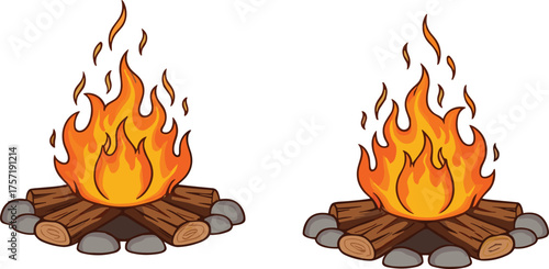 Campfire illustration, camping firewood, outdoor bonfire, survival flame, adventure fire pit, cartoon campfire art, glowing fire, stone circle fire